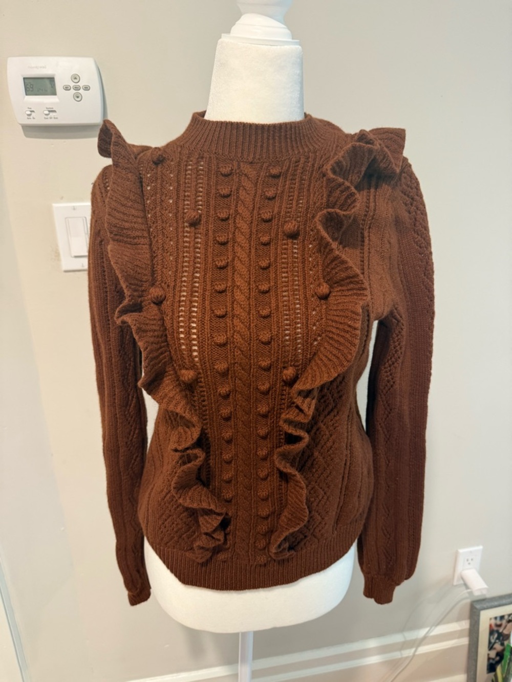 Sezane Brown Ruffle Cable-Knit Sweater